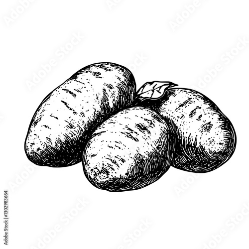 Engraved illustration of three potatoes arranged on a surface in a detailed vector style