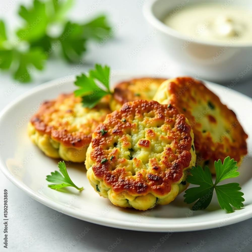 Crispy courgette fritters garnished with vibrant parsley leaves on white plate, healthy, fried Crispy courgette fritters garnished with vibrant parsley leaves on white plate, healthy, fried