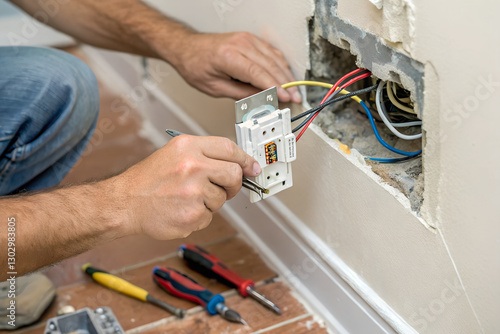 Electrician’s hands carefully install an electrical outlet into the wall, ensuring a reliable and safe power supply system in the interior.