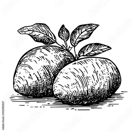 Engraved illustration of potatoes with sprouting leaves on a textured surface in a vintage style design