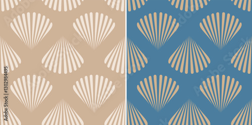 Retro seamless marine pattern with beige sea shells. Vintage geometric pattern of shells in 60s style.