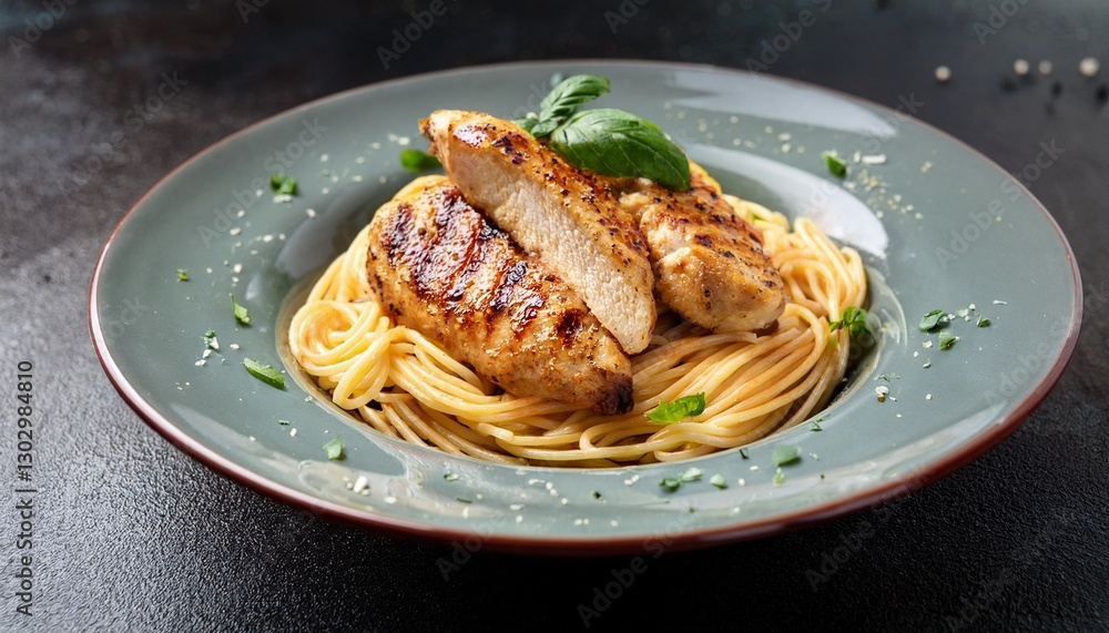 perfectly grilled chicken pieces served over a bed of spaghetti pasta. The spaghetti is cook (9) perfectly grilled chicken pieces served over a bed of spaghetti pasta. The spaghetti is cook (9)