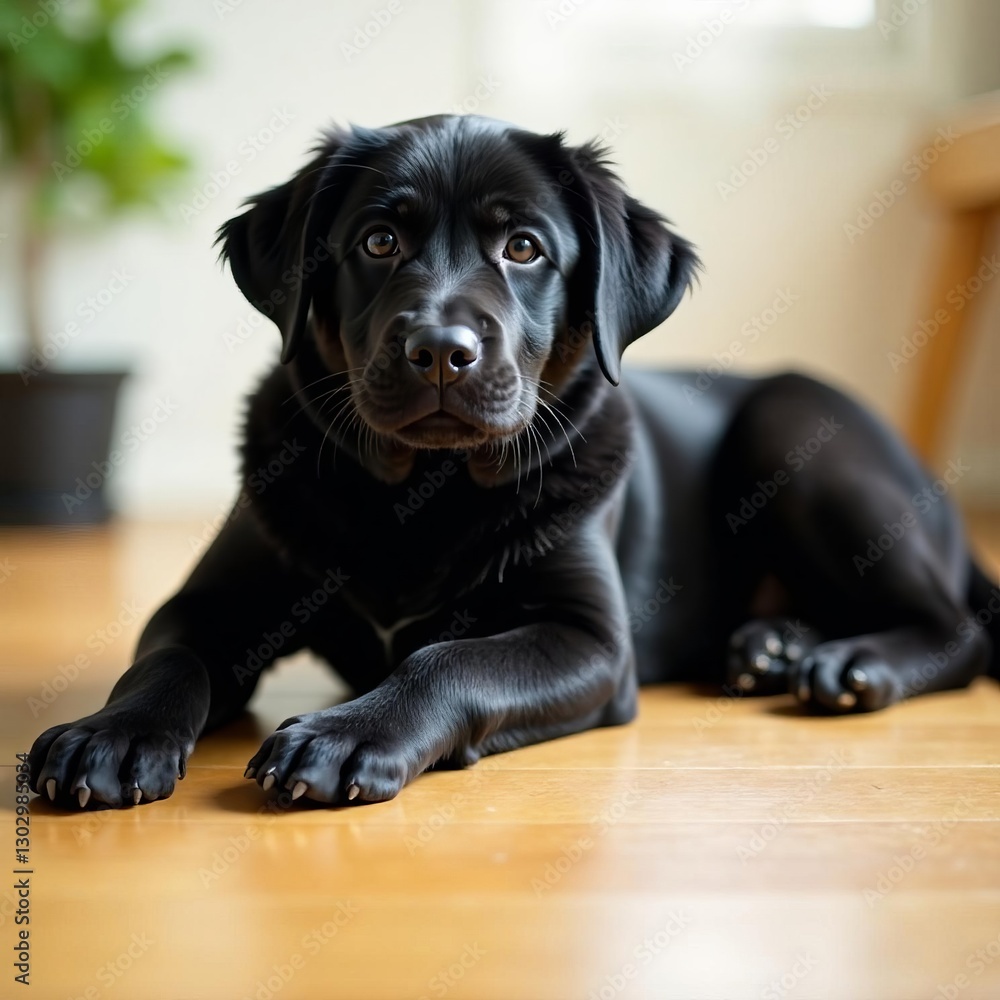 Cute black labrador resting on hardwood floor indoors, living room, sleep Cute black labrador resting on hardwood floor indoors, living room, sleep