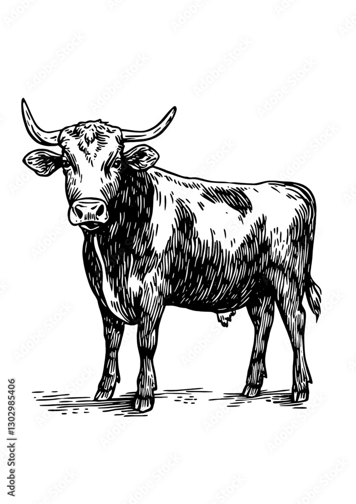 Engraved illustration of a standing cow showcasing realistic details and textures in vector art style Engraved illustration of a standing cow showcasing realistic details and textures in vector art style
