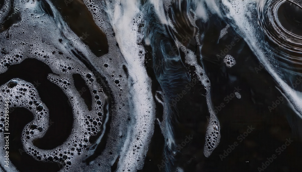 Fototapeta premium abstract black liquid with swirling foam and bubbles, dynamic fluid motion, cosmic aesthetic, surreal background texture