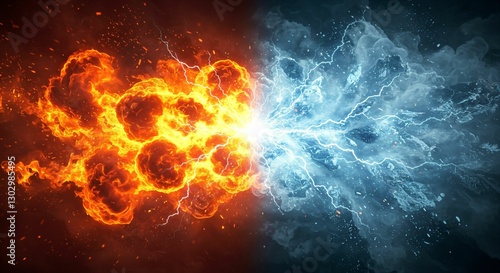 Epic Clash of Fire and Ice with Explosive Energy and Electric Sparks in a Dramatic Abstract Concept