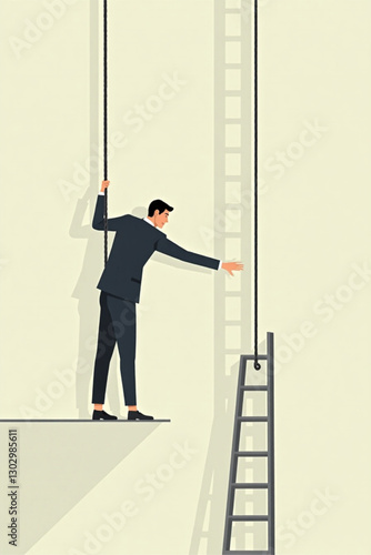Choosing Between Hard and Easy Paths: Businessman Climbs Rope Instead of Ladder, Success Metaphor