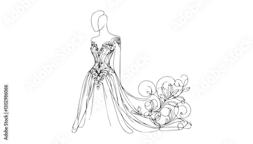 Continuous one single minimal line drawing bride dress