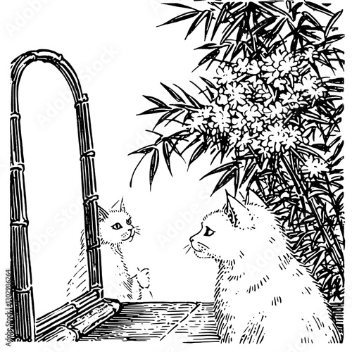 Engraved illustration of a cat looking into a mirror surrounded by plants and flowers in a serene setting