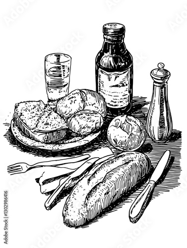 Engraved illustration of traditional breakfast spread with bread, water, and condiments