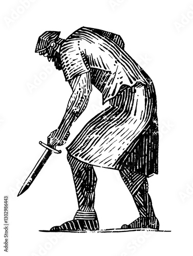 Engraved illustration of a warrior preparing for battle with a sword in hand during ancient times