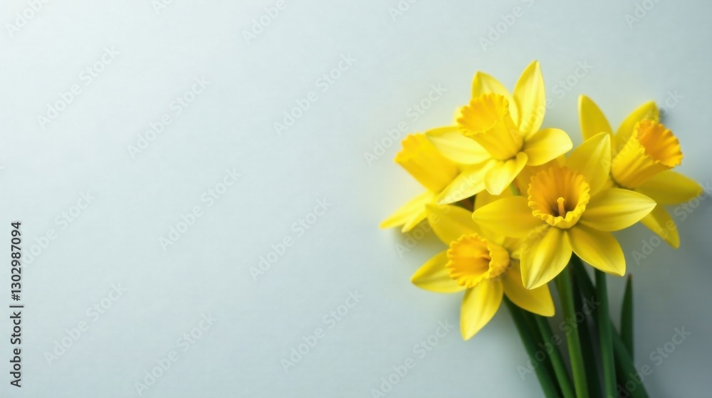 Obraz premium A cheerful bouquet of vibrant yellow daffodils arranged on a light blue background, offering a springtime floral composition ideal for greeting cards, websites, or springtime advertisements.