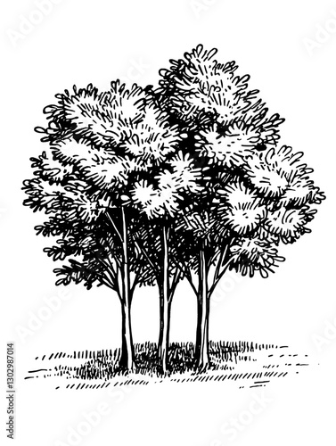 Engraved vector illustration of three trees in a grassy area depicting a serene natural setting