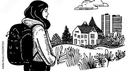 Engraved illustration of a woman with a backpack contemplating nature and urban landscapes