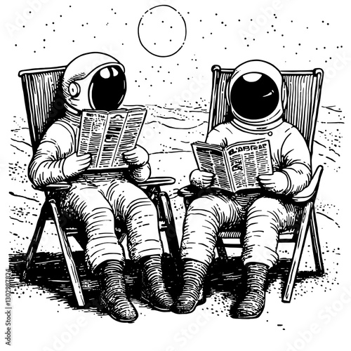 Two astronauts relaxing and reading menus on a lunar landscape under a distant sun