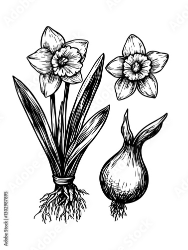 Engraved illustration featuring blooming daffodils and bulb with roots in detailed vector style