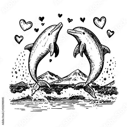 Engraved illustration of two dolphins jumping above water with hearts in a serene ocean setting