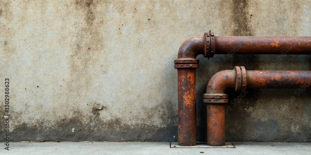 Rustic industrial pipework against aged concrete wall background, showcasing corrosion and time's passage on metal infrastructure. Rustic industrial pipework against aged concrete wall background, showcasing corrosion and time's passage on metal infrastructure.