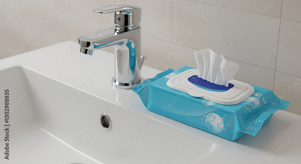 Fototapeta premium Bathroom cleaning essentials with a pack of wet wipes for spring cleaning 