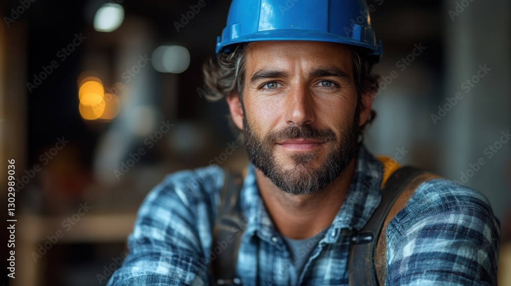 portrait of a confident construction worker in blue hard hat at job site portrait of a confident construction worker in blue hard hat at job site