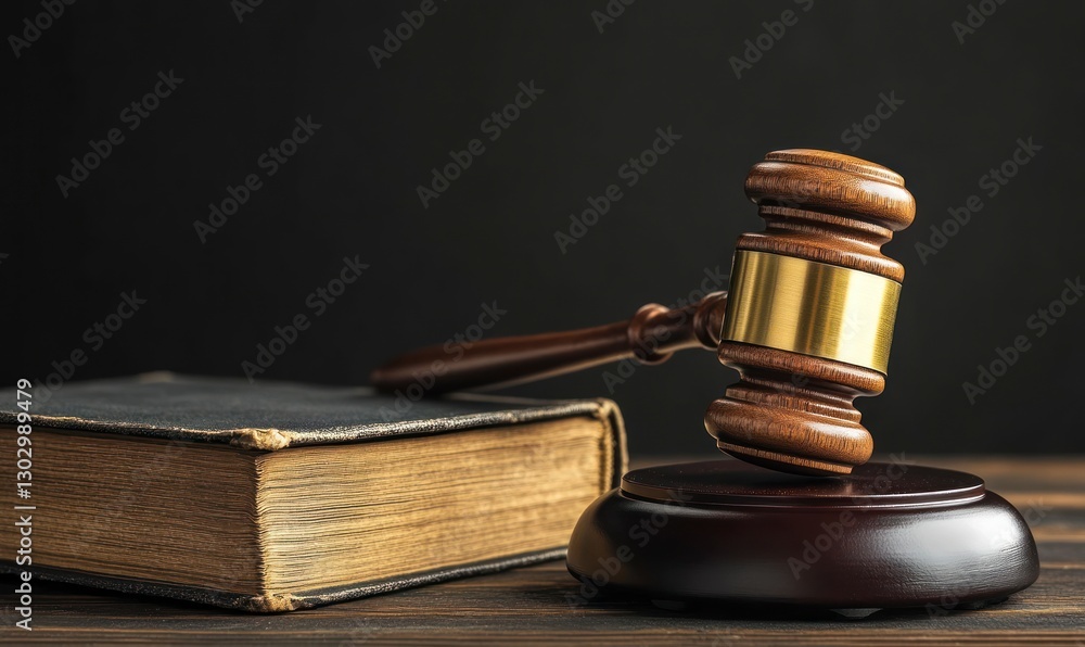gavel and book on a black background, representing the law. Web banner with copy space on the right gavel and book on a black background, representing the law. Web banner with copy space on the right