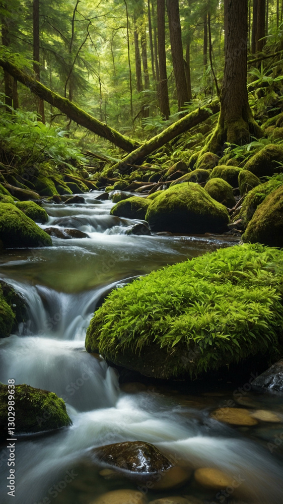 Rushing forest stream, with moss-covered rocks and dappled sunlight. Rushing forest stream, with moss-covered rocks and dappled sunlight.