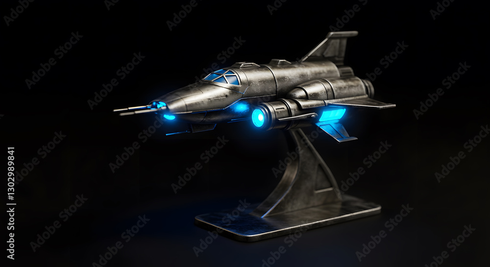 Toy spaceship launching from a small metallic stand, glowing blue lights creating a sci-fi feel Toy spaceship launching from a small metallic stand, glowing blue lights creating a sci-fi feel