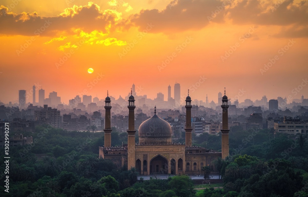 Fototapeta premium Sunset over city with mosque.