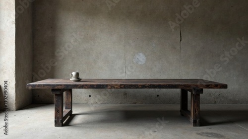 Rustic Wooden Table with Simple Cup and Saucer Setting Against a Weathered Concrete Wall