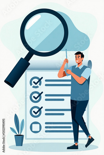 Digital Head Hunting and Employee Search with Magnifying Glass and Resume Checklist