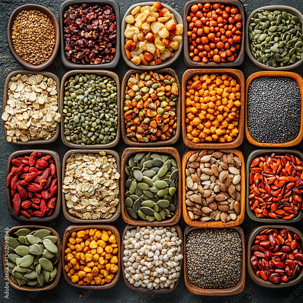 Top view of various seed and cereal mix, healthy raw food ingredients for vegan protein diet, assortment of nutrition elements, vegetarian cuisine cooking essentials Top view of various seed and cereal mix, healthy raw food ingredients for vegan protein diet, assortment of nutrition elements, vegetarian cuisine cooking essentials