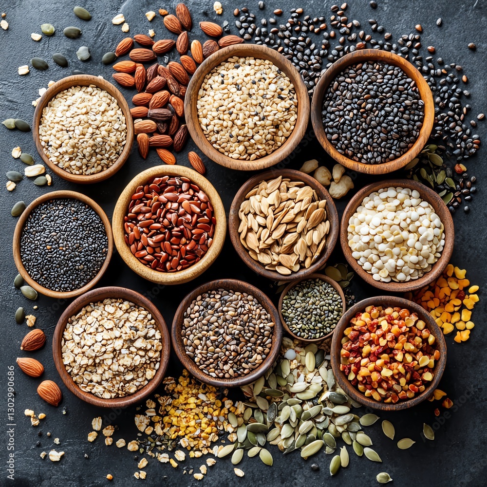 Various seed and cereal mix, top view, healthy organic vegan protein diet, assortment of raw food ingredients, nutrition cooking elements for vegetarian cuisine background Various seed and cereal mix, top view, healthy organic vegan protein diet, assortment of raw food ingredients, nutrition cooking elements for vegetarian cuisine background