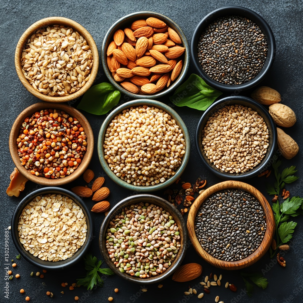 Various seed and cereal mix, top view, healthy organic vegan protein diet, assortment of raw food ingredients, nutrition cooking elements for vegetarian cuisine background Various seed and cereal mix, top view, healthy organic vegan protein diet, assortment of raw food ingredients, nutrition cooking elements for vegetarian cuisine background