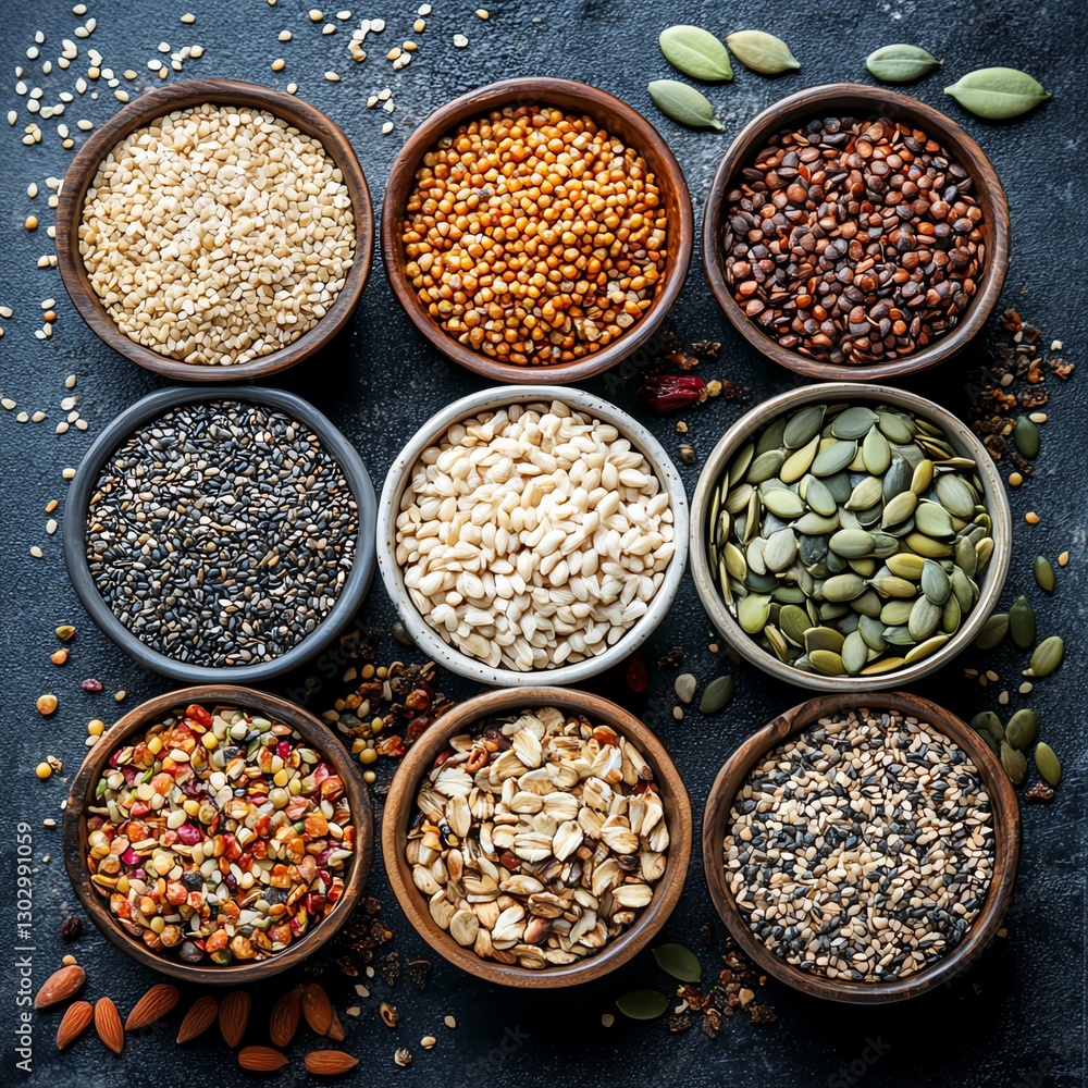 Assorted seeds and cereal mix, top view, organic vegan protein diet, healthy raw ingredients for vegetarian cuisine, nutritionrich cooking elements for plantbased meals Assorted seeds and cereal mix, top view, organic vegan protein diet, healthy raw ingredients for vegetarian cuisine, nutritionrich cooking elements for plantbased meals
