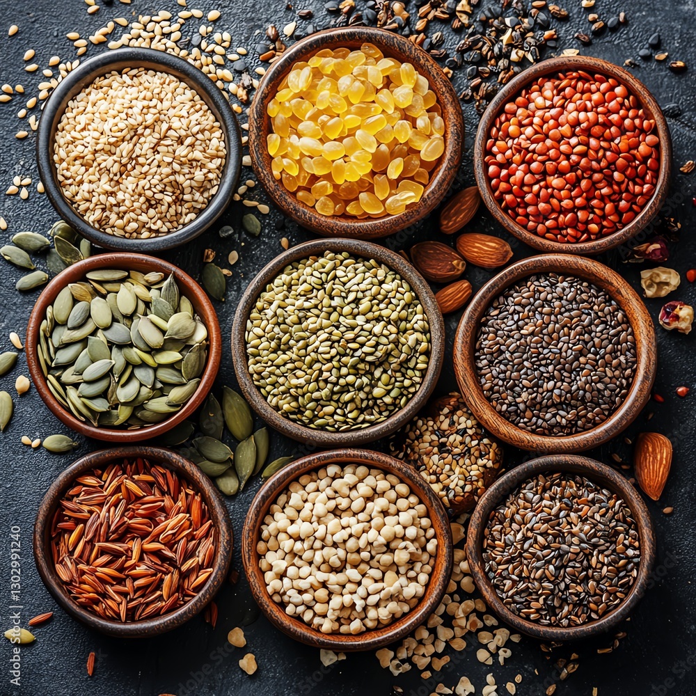 Assortment of healthy seeds and cereals, top view, organic vegan protein diet, raw food ingredients for nutritious cooking, vegetarian cuisine nutrition elements Assortment of healthy seeds and cereals, top view, organic vegan protein diet, raw food ingredients for nutritious cooking, vegetarian cuisine nutrition elements