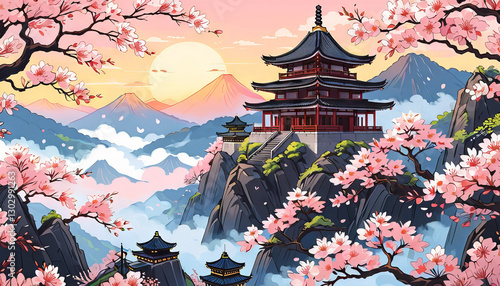 Cartoon Japanese pagoda and sakura trees, sunset colors, spring landscape