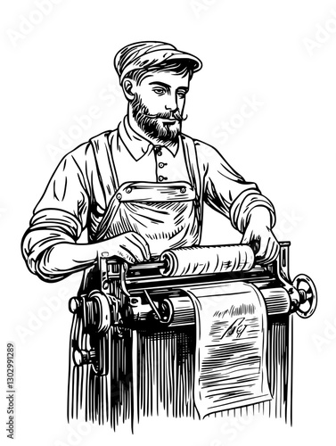 Engraved illustration of a man operating a printing press in a traditional workshop setting