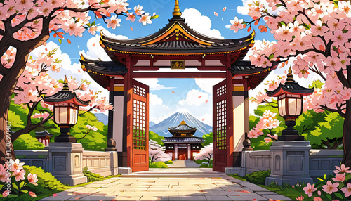 Cartoon gate with sakura trees, vibrant colors, Japanese spring entrance