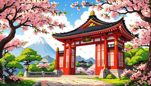 Cartoon woman walking to gate with sakura, peaceful spring scenery