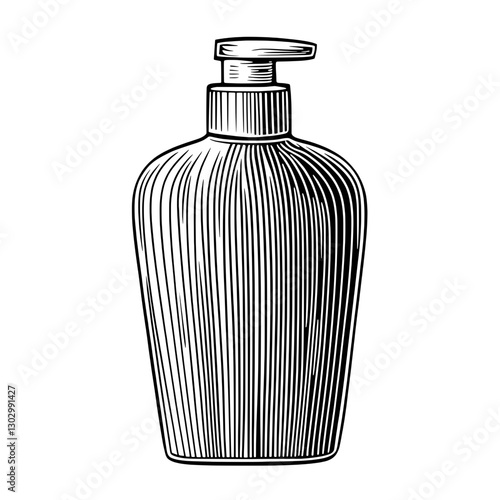 Engraved vector illustration of a vintage soap dispenser design with ribbed texture and pump top