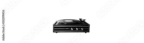 vinyl record player isolated on white background retro grunge halftone dotted texture vintage magazine style music collage element for mixed media design punk crazy pop art