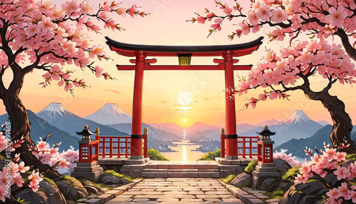 Cartoon Torii gate with sakura trees, sunset colors, Japanese spring entrance