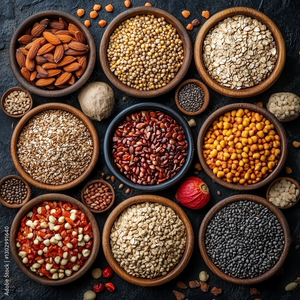 Assortment of various seeds and cereal mix, top view, organic vegan protein diet, healthy raw food ingredients background, nutritious elements for vegetarian cuisine cooking Assortment of various seeds and cereal mix, top view, organic vegan protein diet, healthy raw food ingredients background, nutritious elements for vegetarian cuisine cooking