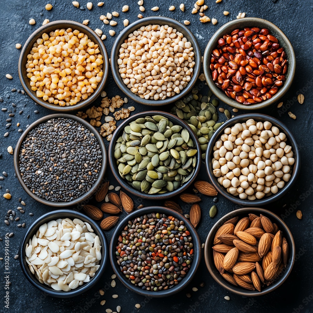 Assortment of various seeds and cereal mix, top view, organic vegan protein diet, healthy raw food ingredients background, nutritious elements for vegetarian cuisine cooking Assortment of various seeds and cereal mix, top view, organic vegan protein diet, healthy raw food ingredients background, nutritious elements for vegetarian cuisine cooking