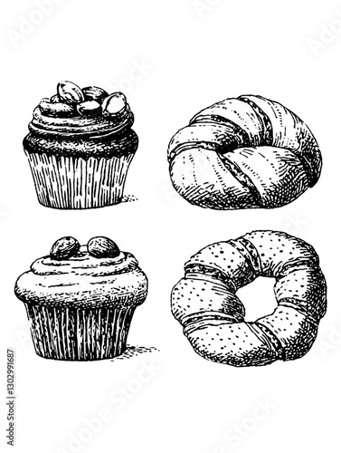 Engraved vector illustration of assorted baked goods including cupcakes and pastries in a detailed style