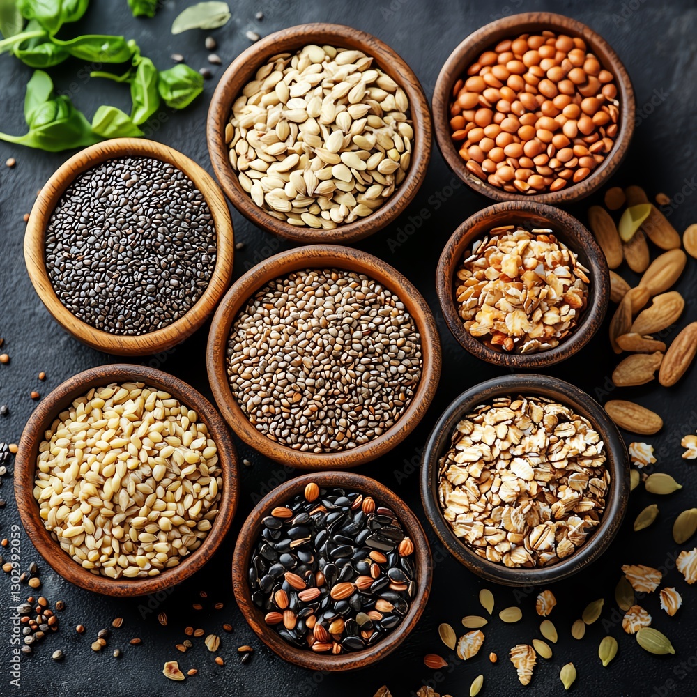 Group of organic seeds and cereals, top view, healthy vegan protein diet, assortment of raw food ingredients, nutritious cooking elements for vegetarian meals Group of organic seeds and cereals, top view, healthy vegan protein diet, assortment of raw food ingredients, nutritious cooking elements for vegetarian meals