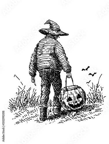 Scarecrow carrying a Halloween pumpkin under a full moon at dusk in a rural field with flying bats