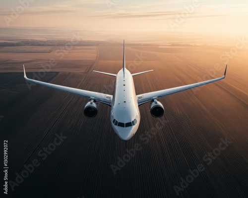 Modern jetliner cruising over vast fields bathed in soft morning light at sunrise