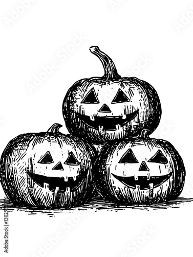 Engraved illustration of three stacked pumpkins with carved faces for Halloween celebration