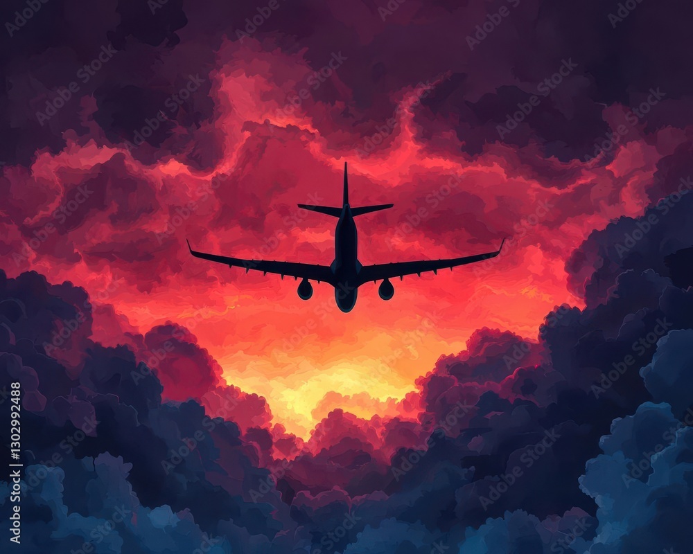 Naklejka premium Flight scene with an airplane banking sharply, surrounded by sunriselit clouds